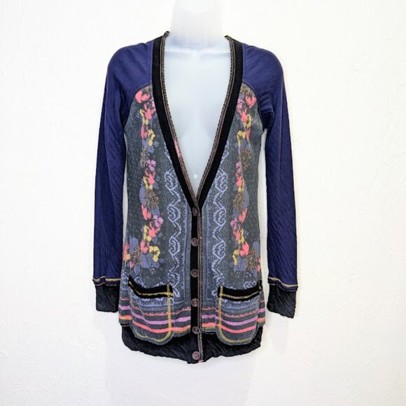 Miss Me Long Cardigan Womens M Floral Soft Patchwork Y2k Cotton Casual Sweater - Picture 1 of 6